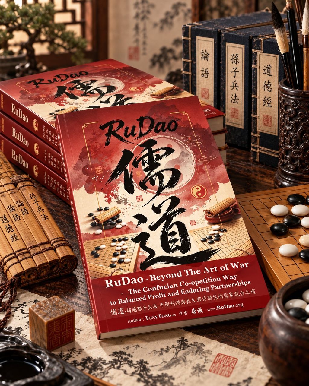 RuDao 儒道 book with Confucian classics - Analects 论语, Sunzi Art of War 孙子兵法, Dao De Jing 道德经 bamboo slips and ink brush still life
