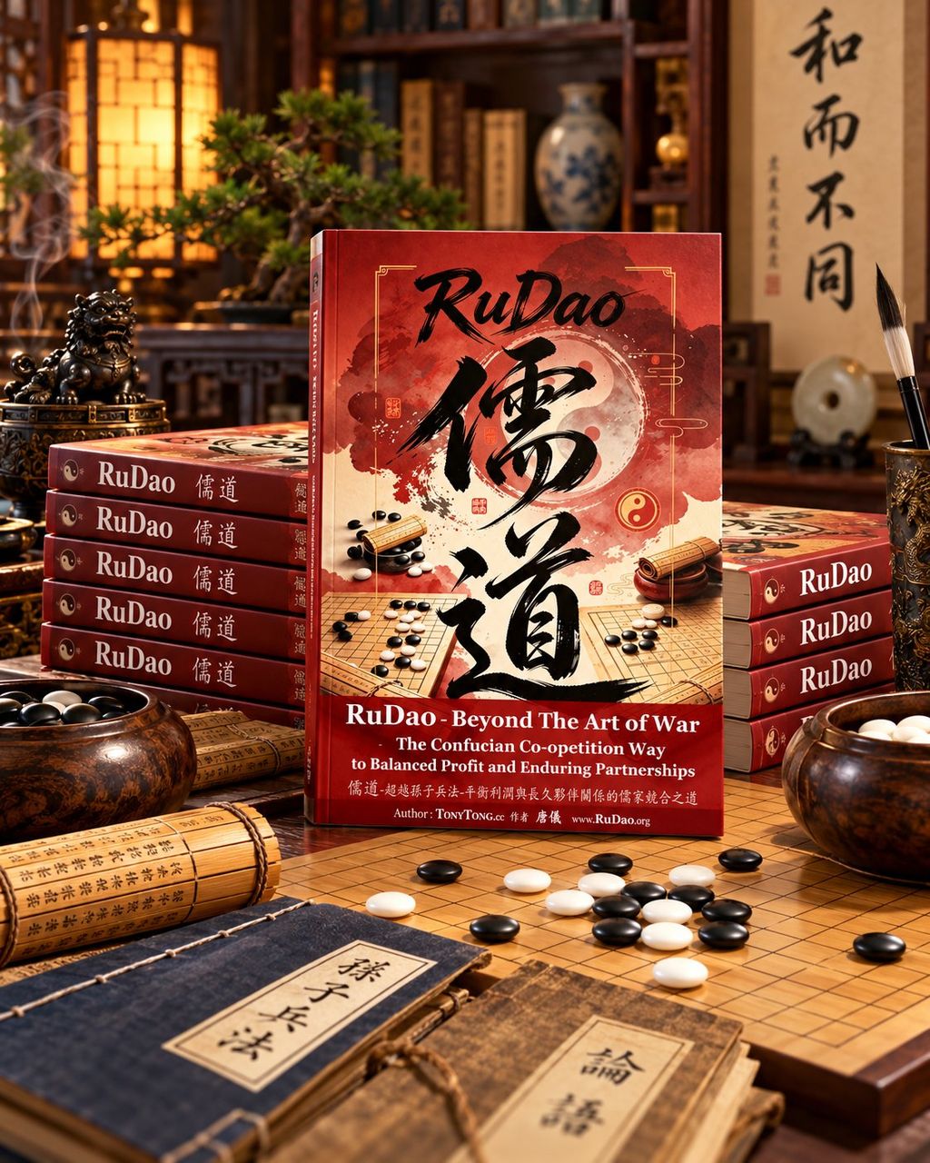 RuDao 儒道 book beside a Go board 围棋 - strategy of balance, black and white stones, Sunzi bamboo slip