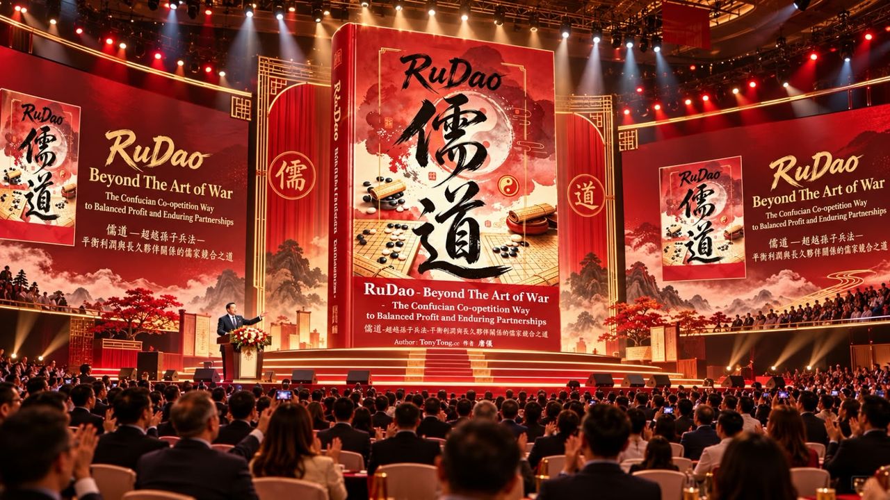 RuDao 儒道 book launch keynote event - author Tony Tong 唐仪 on stage, giant vermillion RuDao Beyond The Art of War book cover on LED screens
