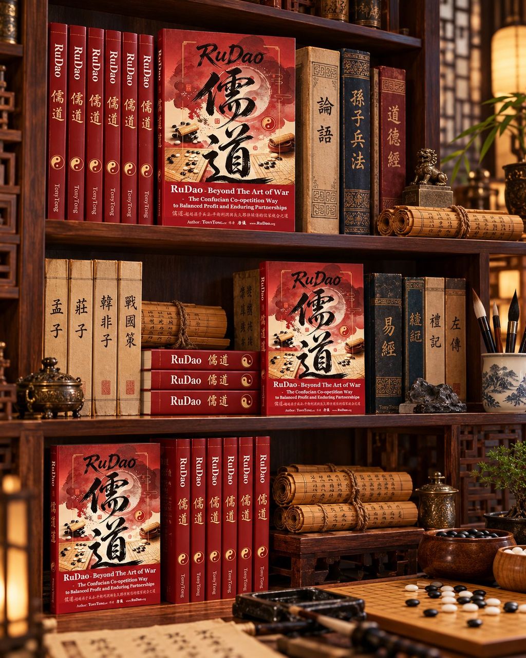 RuDao 儒道 books on a classical Chinese library bookshelf among 论语 孟子 韩非子 战国策 易经 礼记 leather-bound classics