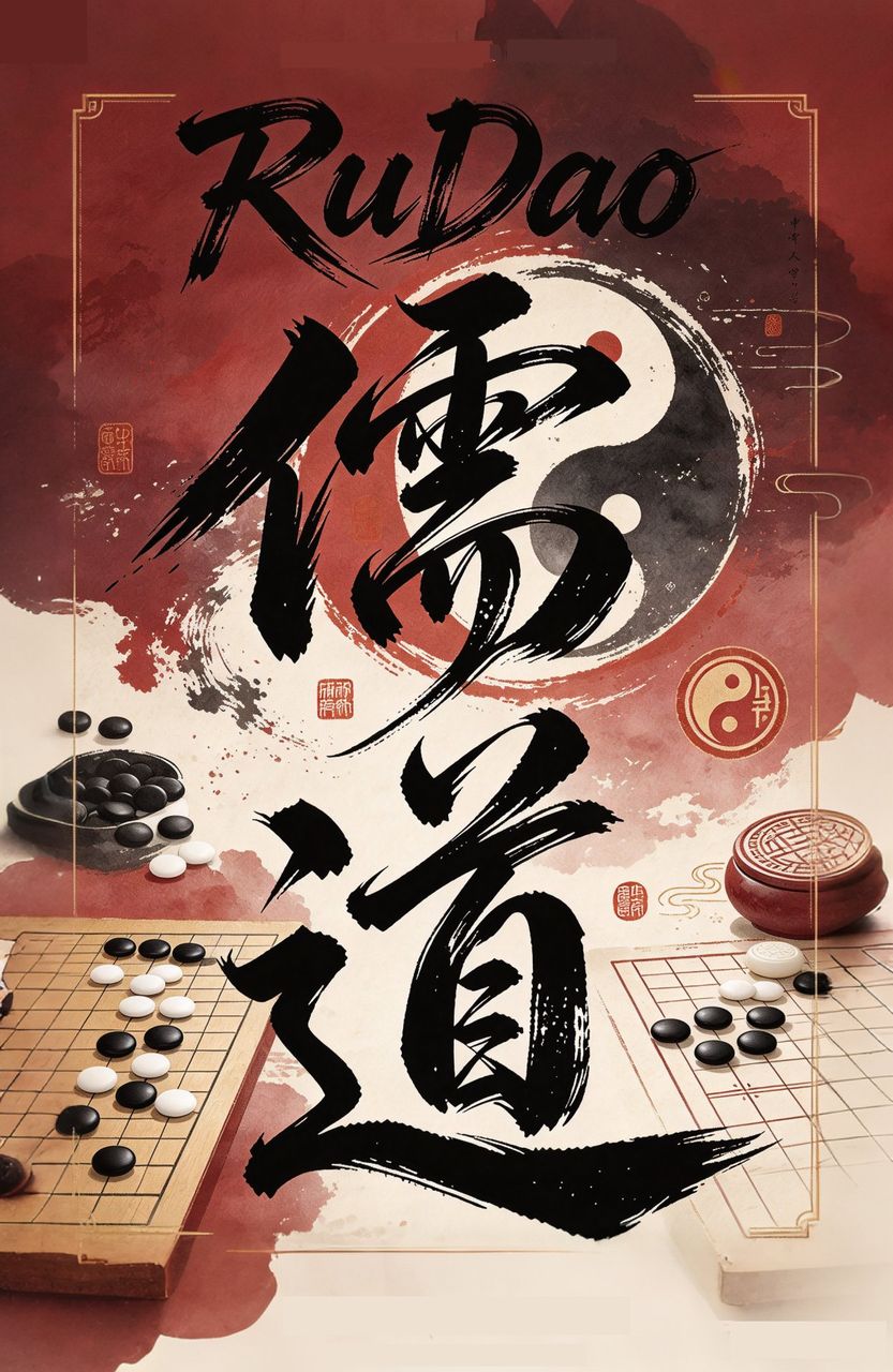 RuDao 儒道 poster - vermillion ink-brush calligraphy cover art with yin-yang enso, Go boards and seals