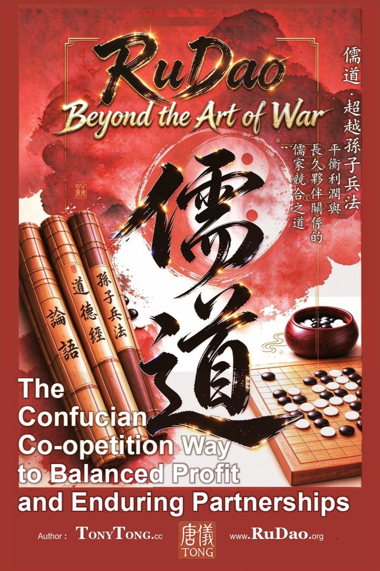 RuDao book cover - vermillion red ink-wash design, golden RuDao Beyond the Art of War calligraphy, giant 儒道 brush characters, bamboo scrolls of 论语 孙子兵法 道德经 and a Go board, by Tony Tong 唐仪, 2026